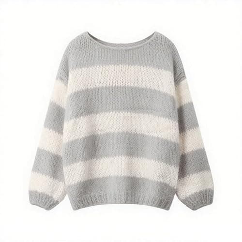 Pinclodly Oversized Sweaters for Women Color Block Striped Sweaters Y2K Crewneck Long Sleeve Knit Sweater - Image 1