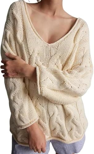Melliflo Womens Oversized Cable Knit Sweater Fall V Neck Chunky Knit Sweater Casual Pullover Sweater Top - Image 1