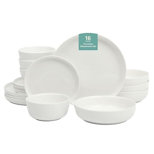 Gibson Home Oslo Porcelain Chip and Scratch Resistant Dinnerware Set, Service for 4 (16pcs), Plates and Bowls Dishes Sets, White - White - Service for 4 (16pcs) - Dinnerware Set - Image 1