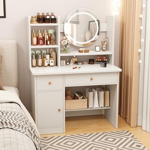 MONGMON Dressing Table,Makeup Table with Drawers, Vanity Desk with Mirror and led Lights,3 Lighting Mode,Makeup Vanity Desk,Multifunctional Makeup Writing Desk for Bedroom (White) - White - Image 1