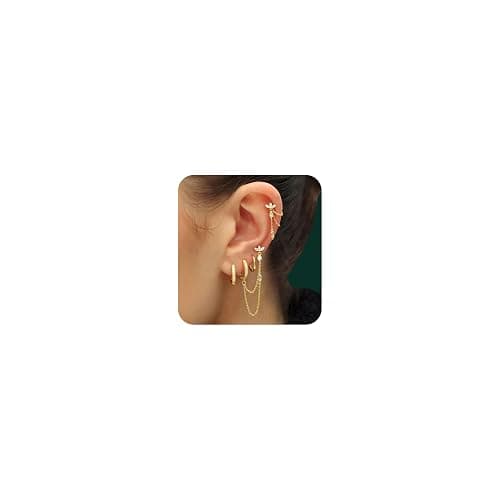 6PCS Earring Stacks Cartilage Chain Helix Piercing Sets For Women Flat Back Multiple Piercing Dangle Huggie Hoop Stackable Jewelry - Image 1
