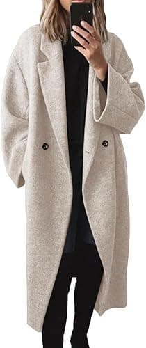 SAUKOLE Womens Winter Pea Coat Notch Lapel Double Breasted Wool Blend Oversized Overcoat with Pockets - Image 1