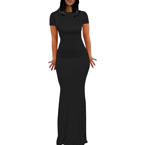 Womens Summer Cap Sleeve Square Neck Elegant Casual Lounge Bodycon Slim Maxi Evening Party Long Dress - Image 1