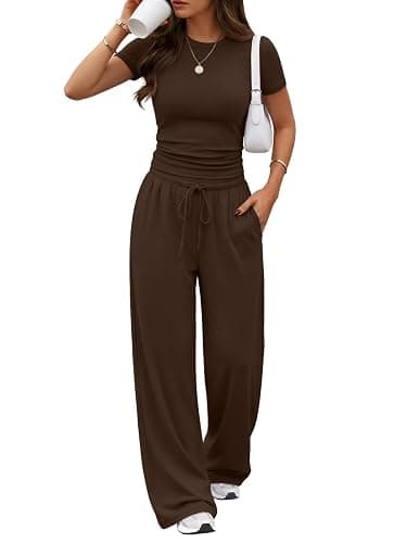 Trendy Queen Women's 2 Piece Matching Summer Lounge Set with Pockets | Vacation Airport Travel Outfits, Workout Gym Clothing Comfy Athleisure Clothes, Side-ruched Top, Drawstring Wide Leg Pants - Image 1