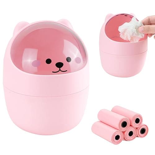 IBEQUEM Mini Trash Can, Cute Small Trash Can with Lid, Desktop Paper Bin with 5 Rolls of Bin Liners, Portable Tabletop Dustbin, Cartoon Animal Rubbish Storage for Office Bedroom Desk Car Kitchen(Pink) - Image 1