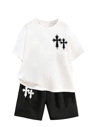 BEAUDRM Boy's 2 Piece Outfit Cross Graphic Short Sleeve Tee Shirt and Shorts Set Sport Tracksuit - Image 1