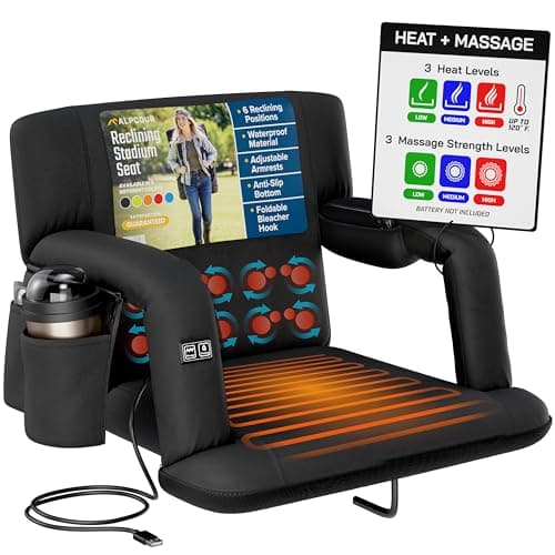 Alpcour Heating Massage Stadium Seat – Deluxe Reclining Bleacher Chair with Back & Arm Support – Built-in Heater and Massager - Extra Thick, Lightweight and Waterproof with Detachable Pockets - Image 1