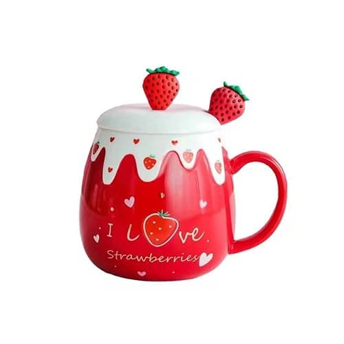 Coffee Mug Cups Ceramic Tea Cup Fruits Strawberry Shaped Handmade Cute Mugs With Lid Spoon Handle Office Home Hot Ice Chocolate Milk Mugs Gift Microwave Dishwasher Safe Travel Mugs (Strawberry) - Image 1