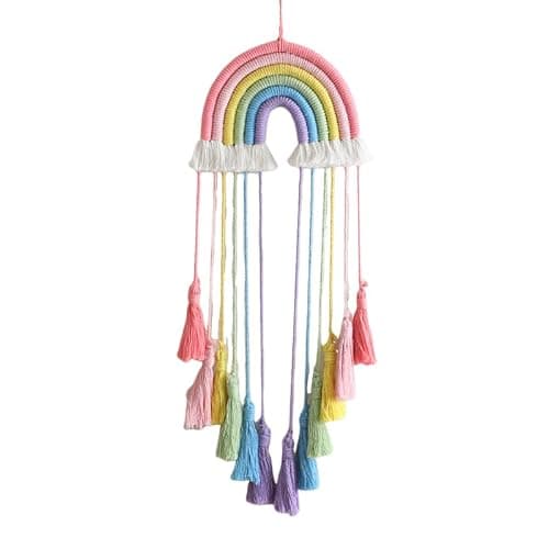 Honcas Rainbow Macrame Wall Hanging - Hand-Woven Cotton Tassel Tapestry Decor for Baby Room, Nursery, and Home Decor (Pink Rainbow) - Image 1