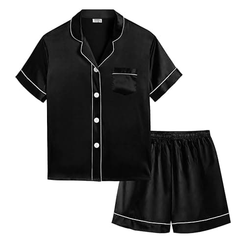 SWOMOG Kids Satin 2 Piece Pyjamas Sets Soft Short Sleeve Teen Girls Boys Sleepwear Button Down Top and Shorts Age 4-15 - Image 1