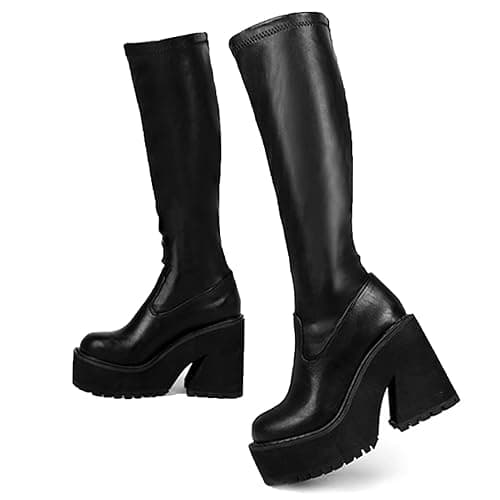AMINUGAL Womens Elastic Knee High Platform Chunky Block High Heel Sock Boots Zipper Round Toe Fashion Motorcycle Combat Punk Boots For Women - Image 1