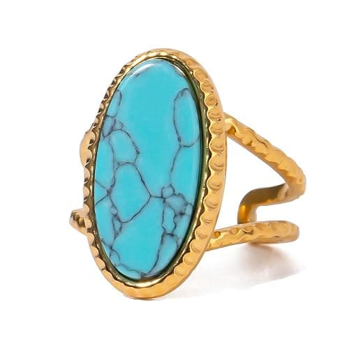 Dikixe Boho Western Turquoise Ring, Oval Turquoise Gemstone December Birthstone Open Adjustable Statement Ring, Gold Plated Stainless Steel Stackable Rings for Women - Image 1