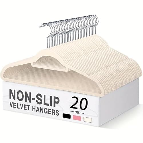 20/50 Pack Reinforced Velvet Clothes Hangers – Non-Slip Slim Hangers for Winter Coats, Suits & Knitwear, Space-Saving with Swivel Hook (White, 20) - Image 1