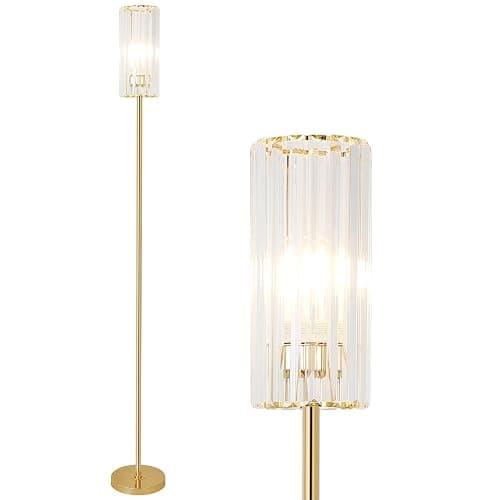 HMVPL Gold Floor Lamp for Living Room, Brass Pole Standing Lamp with K9 Crystal Shade, Modern Corner Standing Lamp for Bedroom with On/Off Switch, Elegant Crystal Tall Lamp for Office Kids Girls Room - Image 1