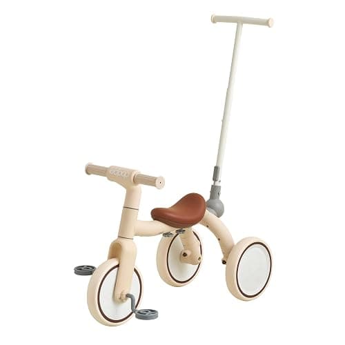 4-in-1 Toddler Tricycle with Adjustable Push Handle for 1-4 Year Old,Birthday Gift and Toy for Boys and Girls Removable Pedals Balance Bike&Scooter (Beige) - Image 1