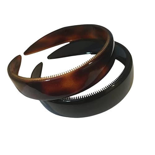 Parcelona French (Set of 2) Wide 1 Inch Tortoise Shell Brown and Black Hair Headbands with Inner Teeth Nibs - Image 1