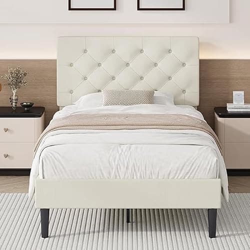 Lullabyre Twin Bed Frame for Kids, Upholstered Platform Bed, Cream | Cream Bed Frame with Tufted Headboard, No Box Spring Needed, Easy Assemble - Image 1