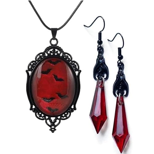 YWMAN Gothic Vampire Bat Earrings Necklace Set - Vintage Dark Bat Earrings Blood Pendant - Mystic Witch Jewelry Gifts Halloween Costume for Women - Image 1