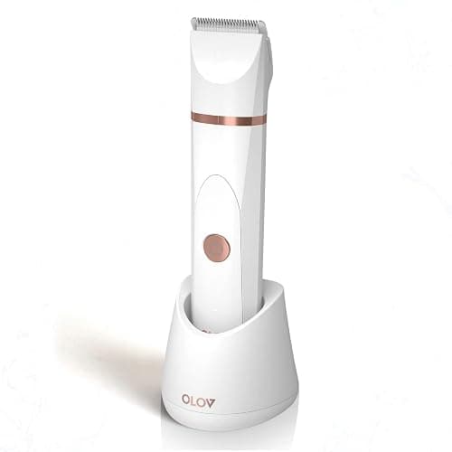 OLOV Electric Body Hair Trimmer - Groin Trimmer for Men - Bikini Trimmer Women - Wet/Dry Shaver Groomer, Replaceable Ceramic Blade Heads, USB Recharge Dock, Waterproof Hygiene Razor, White - Image 1