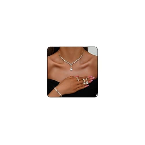 IS4U Rhinestone Water Drop Set for Women Bridal Wedding Vintage Colourful Crystal Zircon Statement Necklace Ring Earrings Bracelet Set Party Dress Ball Fashion Jewellery - Image 1