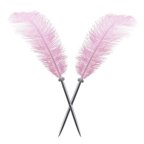Simple polymer 2 Pcs Feather Pen Black Ink Ballpoint Pen Vintage Feather Quill Wedding Signing Pen for Wedding Bridal or Student School Writing Wedding Signature Pen (Pink) - Image 1