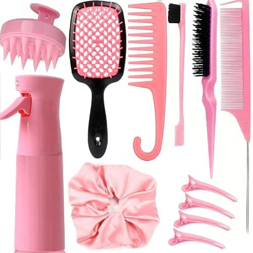 12 Pcs Hair Brush Set, 3 Pieces Slick Back Hair Brushes for Toddlers, Women, Detangling Brush for Wet Dry Curly Hair, Edge Bristles Wide Tooth Rat Tail Combs for Baby Girls (pink) - Pink - Image 1