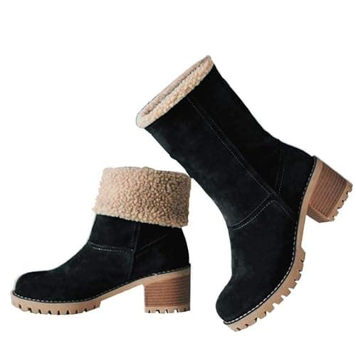 VIMISAOI Winter Boots for Women, Comfortable Slip On Mid Chunky Heel Suede Warm Snow Ankle Boots Outdoor Shoes - Image 1
