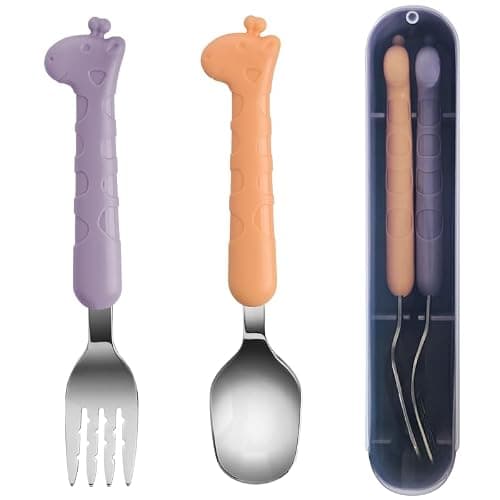 2-Piece Kid Utensils Set, 304 Stainless Steel Kids Fork and Spoon for Self-feeding, Safe Kid Silverware with storage case for School Lunch, Travel & Outdoors, Dishwasher Safe (Purple) - Image 1