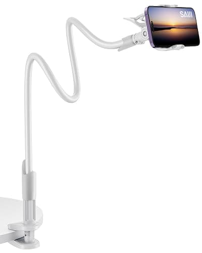 SAIJI Gooseneck Cell Phone Holder, Clamp Universal Lazy Mount Clip Hands Free Flexible Long Arm Bracket Grip for 4-7 Phones Mobile Stand Baby Monitor for Desk, Bed, Office, Kitchen (White) - Image 1