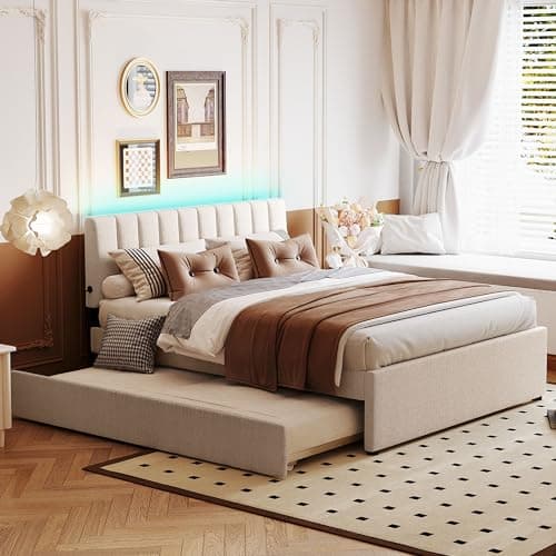 Teddy Fleece Queen Size Upholstered Platform Bed with Trundle and LED Lights,for Kids Teens Adults Bedroom Use (Beige@Trundle-, Queen) - Image 1