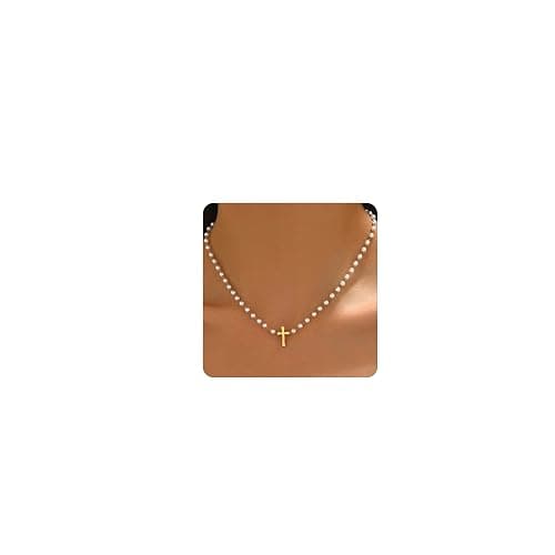 Jewigo Cross Necklace for Women 18K Gold Plated Cross Pendant Necklace Dainty Sidways Cross Choker Necklaces Simple Small Cross Pearl Chain Trendy Faith Jewelry Gift - Image 1
