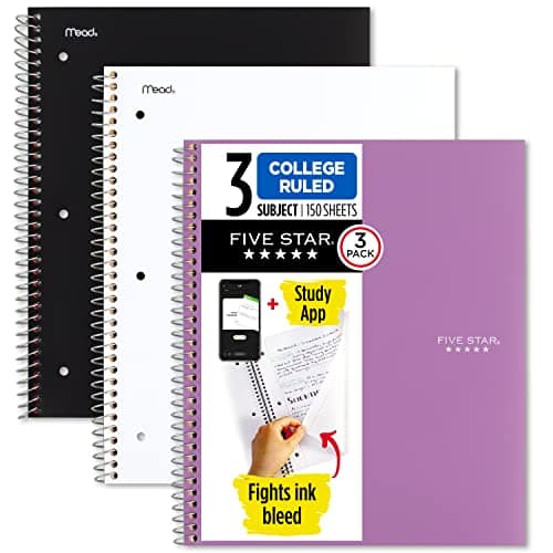 Five Star Spiral Notebook + Study App, 3 Pack, 3 Subject, College Ruled Paper, Fights Ink Bleed, Water Resistant Cover, 8-1/2" x 11", 150 Sheets, Black, White, Purple (820192) - Image 1