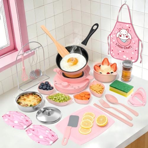 Gotoofun Kids Cooking Set Real for Beginners, 28PCS Mini Kitchen Starter Set with Safe Knife, Easy Cooking Toys for Boys Girls Ages 8-12, Pink - Image 1