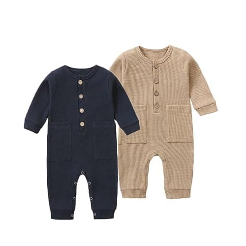BeiVSlley Newborn Baby Boy Girl 2 Pack Button Solid Romper Infant Long sleeve Knit Cotton Footless Outfits Clothes - 3M - A Dark Blue+khaki - Image 1