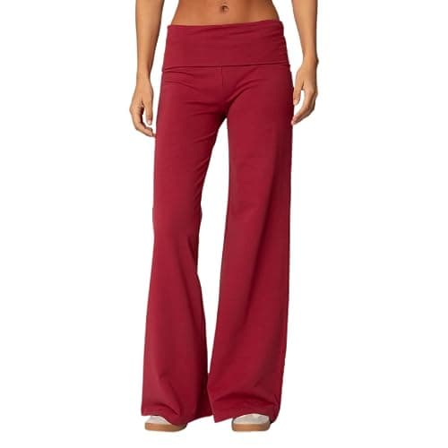 Lounge Yoga Pants for Women Fold Over Low Waist Wide Leg Sweatpants Flare Leggings Bell Bottoms Y2K Foldover Pants - Red - Medium - Image 1