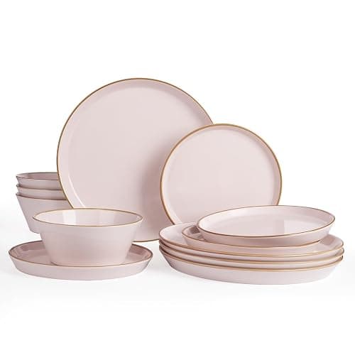 Famiware Saturn Dinnerware Sets, Plates and Bowls Sets for 4, 12 Pieces Stoneware Dish Set - Chip and Scratch Resistant, Microwave and Dishwasher Safe Tableware Set, Light Pink with Rim - Image 1