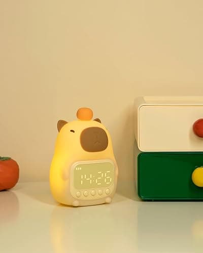Aokpsrt Capybara Alarm Clock with Night Light for Kids, Cute Toddler Alarm Clocks for Bedrooms Ok to Wake Clocks for Girls and Boys, Rechargeable Silicone Animal Tabletop Lamp for Kid - Image 1