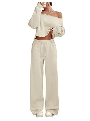 SOLY HUX Women's 2 Piece Outfits Fall Sweatsuits Off The Shoulder Crop Top Wide Leg Sweatpants Casual Matching Lounge Sets - Image 1