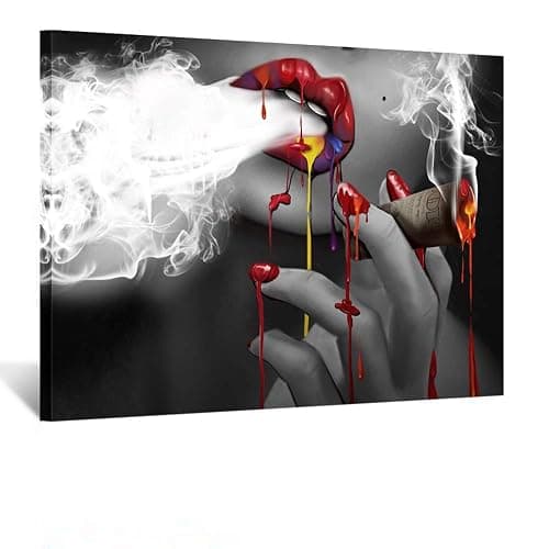 KREATIVE ARTS Fashion Canvas Prints Woman Smoking Wall Art Sexy Red Lips with Burning Money Dollars Black and White Paintings Abstract Poster for Bar Art Toilet Bathroom Walls Decor Ready to Hang - Image 1