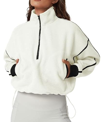 QINSEN Women's Half Zip Fleece Short Pullover Sweatshirt Winter Long Sleeve Cozy Sherpa Sweater Top - Image 1