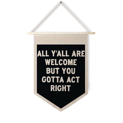 Qpenm All Are Welcome Hanging Wall Canvas Banner,Welcome Hanging Pennant Flag Prints,Funny Posters & Prints Canvas Banner,Funny Classroom Home Living Room Office Wall Art Decor - Image 1