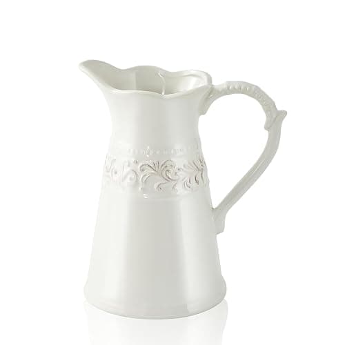 OTARTU White Ceramic Pitcher Vase, Flower Pitcher,Farmhouse vase for Home Décor, 8.5inch Jug Vase. - Image 1