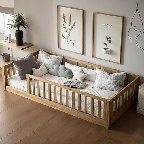 PVWIIK Twin Size Montessori Toddler Floor Bed with Wood Slats for Girls and Boys, Wood Montessori Bed Frame with Safety Guardrails, No Box Spring Needed, Natural - Image 1