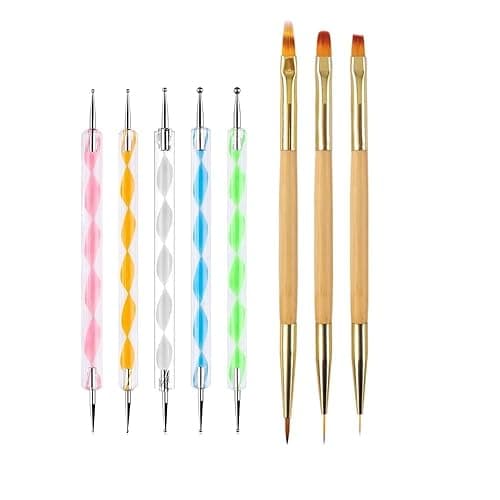 FULINJOY 5PCS Dotting Pens and 3PCS Nail Painting Brushes, Double-Ended Acrylic Nail Art Liner Brush Dotting Pen for Gel Polish Nail Paintings 3D Nail Pattern Detail Brush, Nail Art Design Tools - Image 1