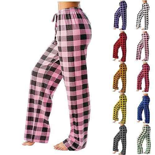 Pajamas Pants for Women 2024 Lounge Cute Plaid Pants Soft Comfy Wide Leg Trousers Sleep Bell Bottom - Small - A-pink - Image 1