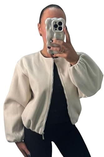 Women’s Balloon Sleeve Zipper Bomber Jacket, Ladies Lightweight Stylish Zip-Up Coat with Trendy Balloon Sleeves for Casual Elegant Outfits Size 8-14 - Beige - 8-14 - Image 1