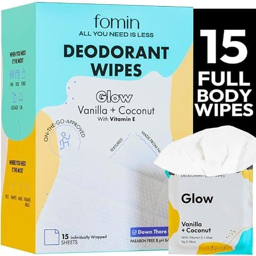 FOMIN Travel Deodorant Wipes - 15 Count - Glowing Coconut and Vanilla - pH Balanced, Hypoallergenic Mini Deodorant Wipes For Women and Men - Plastic-Free, Individually Wrapped Underarm & Body Wipes - Image 1