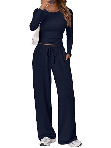 Trendy Queen Women's 2 Piece Matching Lounge Set Long Sleeve Slightly Crop Top Wide Leg Pants Casual Sweatsuit - Image 1