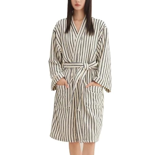 QYFHJGFR Cotton Terry Stripe Bathrobe For Women And Men,Luxury Kimono Soft Terry Cloth Robe,Comfortable Loungewear Nightwear - Image 1