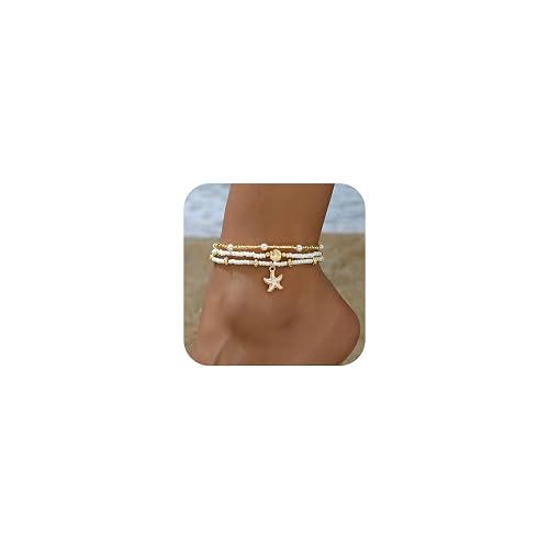 Qceasiy Bead Ankle Bracelets Set For Women, Adjustable Gold Plated Boho Shell Anklet, Hawaiian Beach Seashell Pearl Disc Starfish Conch Foot Jewelry, Summer Fashion Gifts - Image 1
